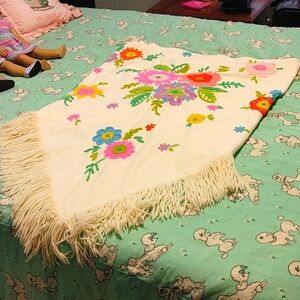 Vintage 1960's flower power embroidery wool shawl.
